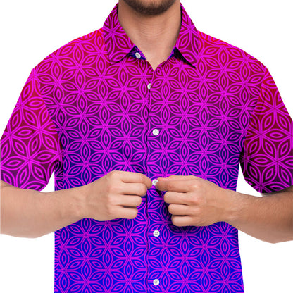 Sacral Bloom Button Down Shirt, Purple Sacred Geometry Floral Top, Psychedelic Short Sleeve Shirt, Festival Streetwear, Artistic Gift