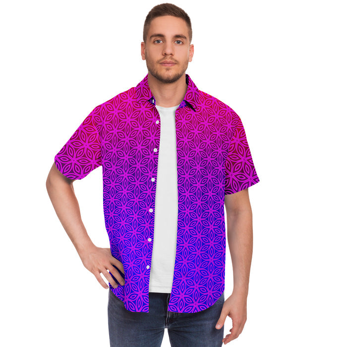 Sacral Bloom Button Down Shirt, Purple Sacred Geometry Floral Top, Psychedelic Short Sleeve Shirt, Festival Streetwear, Artistic Gift
