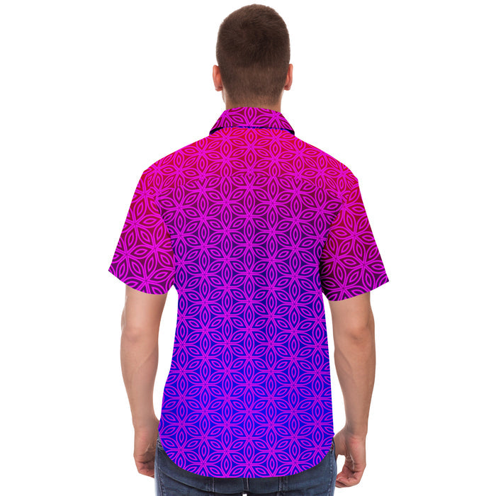Sacral Bloom Button Down Shirt, Purple Sacred Geometry Floral Top, Psychedelic Short Sleeve Shirt, Festival Streetwear, Artistic Gift