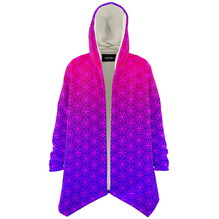 Sacral Bloom Micro Fleece Cloak, Hooded Wearable Art, Psychedelic Festival Layer — wearer-right three-quarter — hood lowered