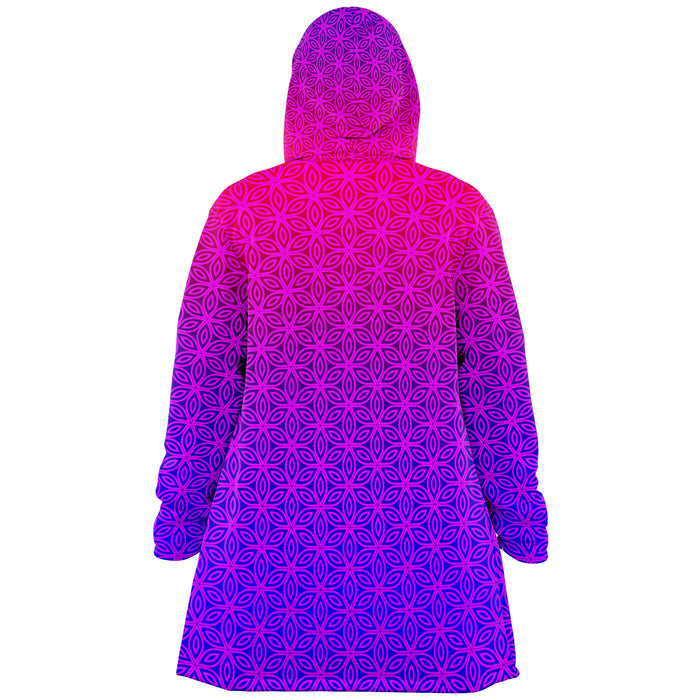 Sacral Bloom Micro Fleece Cloak, Hooded Wearable Art, Psychedelic Festival Layer — wearer-left three-quarter — hood lowered