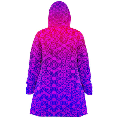 Sacral Bloom Micro Fleece Cloak, Hooded Wearable Art, Psychedelic Festival Layer — wearer-left three-quarter — hood lowered