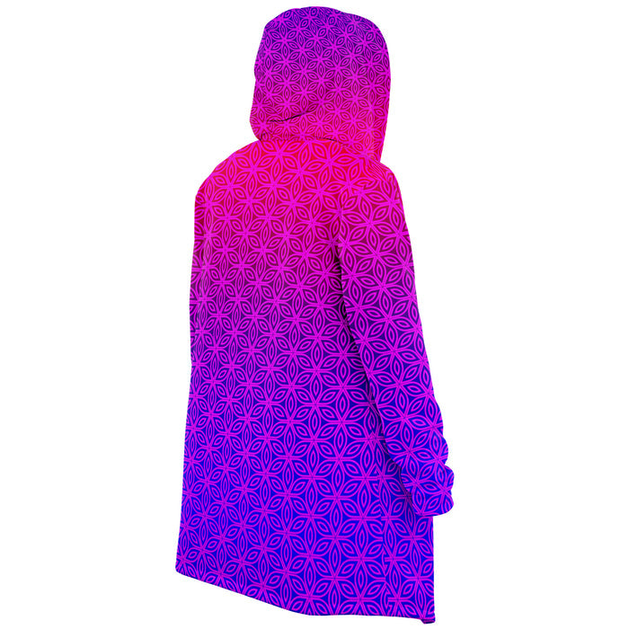 Sacral Bloom Micro Fleece Cloak, Hooded Wearable Art, Psychedelic Festival Layer — close-up — printed micro-mink outer and pocket