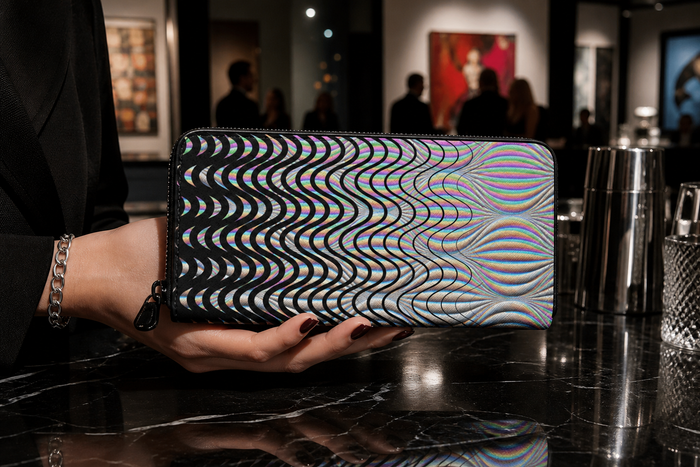 Shockwave Psychedelic Leather Zipper Wallet — approved lifestyle view 02 — 02-hand-held-lifestyle