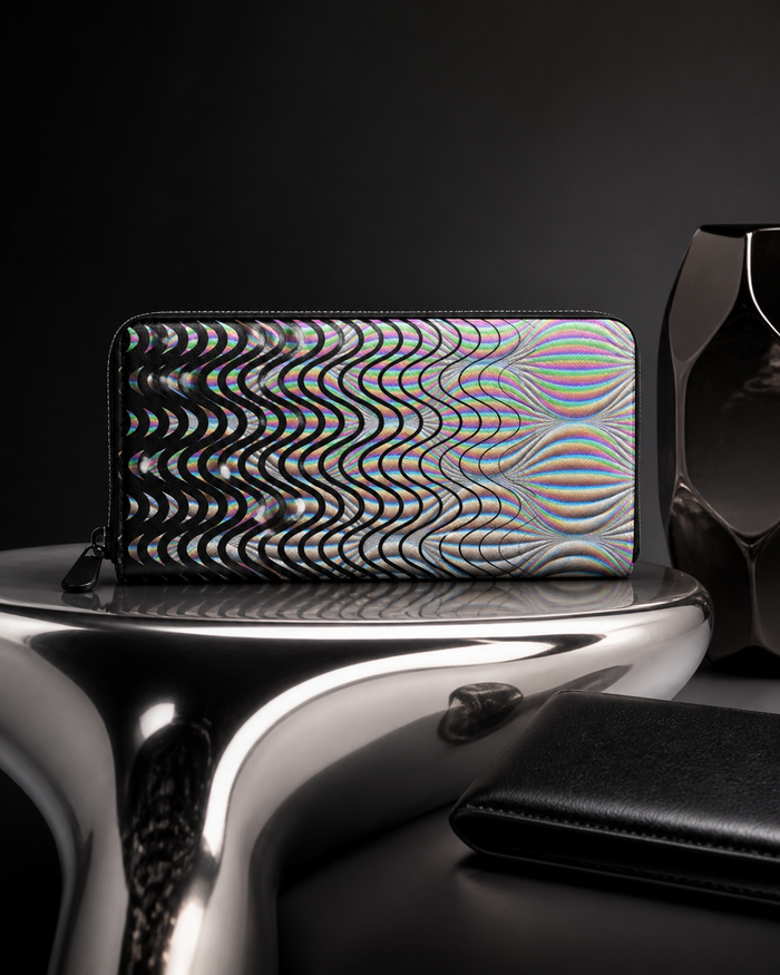 Shockwave Psychedelic Leather Zipper Wallet — approved lifestyle view 03 — 03-chrome-still-life