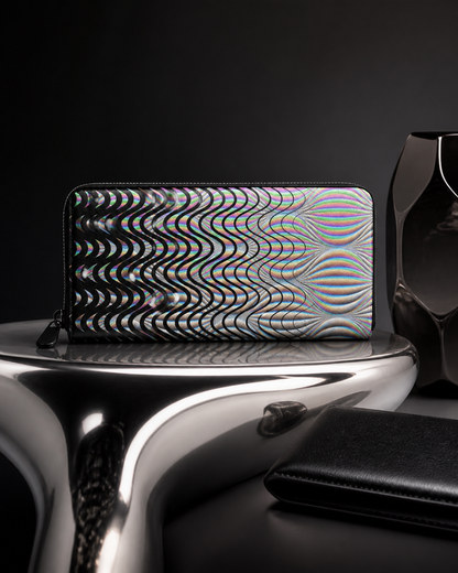 Shockwave Psychedelic Leather Zipper Wallet — approved lifestyle view 03 — 03-chrome-still-life