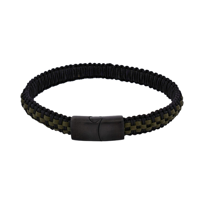 Stainless steel Ion Plated Black with Dark Green leather bracelet