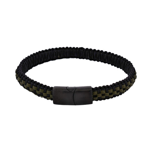 Stainless steel Ion Plated Black with Dark Green leather bracelet
