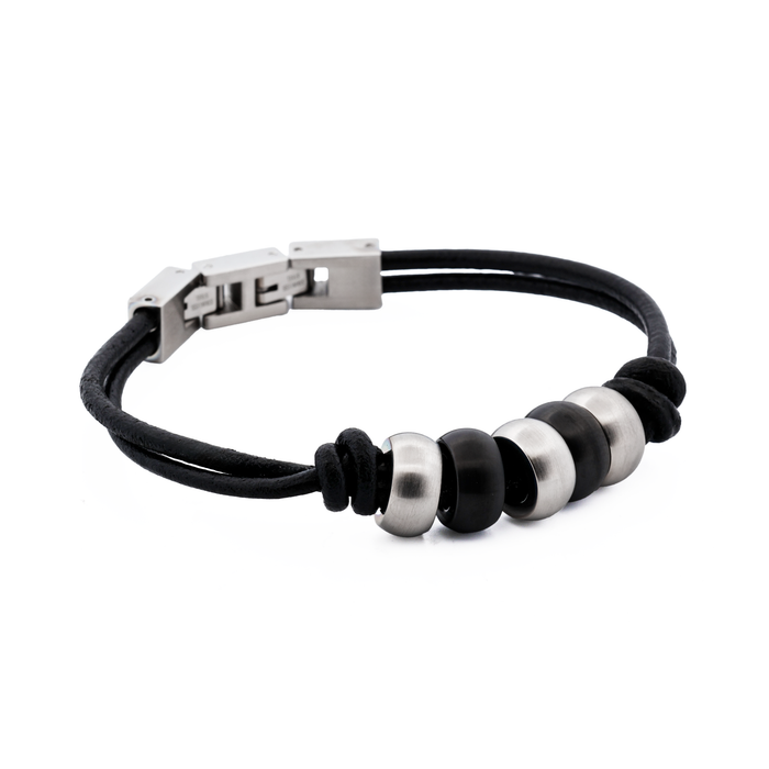 Stainless Steel/Ion Plated Black Beaded/Leather Bracelet