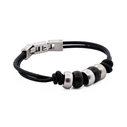 Stainless Steel/Ion Plated Black Beaded/Leather Bracelet