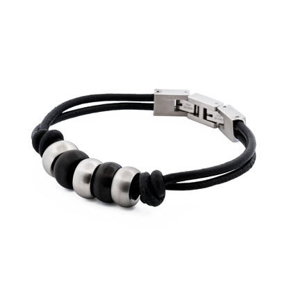 Stainless Steel/Ion Plated Black Beaded/Leather Bracelet