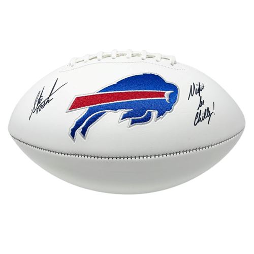Steve Tasker Signed Buffalo Bills White Logo Football with Might Be Chilly Signed Footballs TSE Buffalo