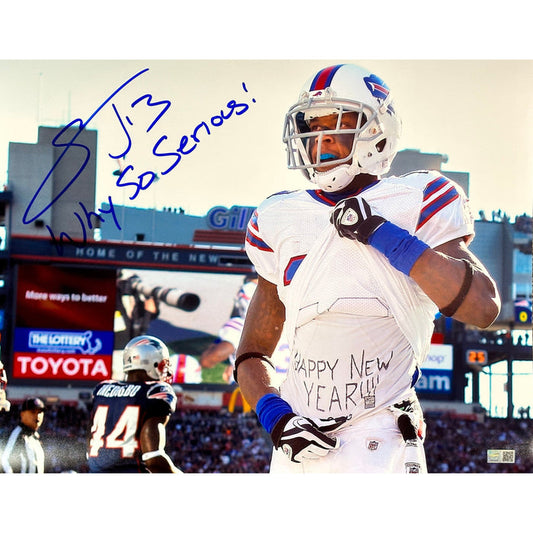 Stevie Johnson Signed Flashing Happy New Shirt Photo with Why So Serious! Signed Photos TSE Buffalo 16x20