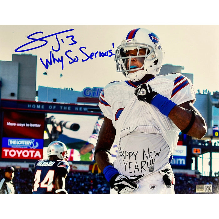 Stevie Johnson Signed Flashing Happy New Shirt Photo with Why So Serious! Signed Photos TSE Buffalo 11x14