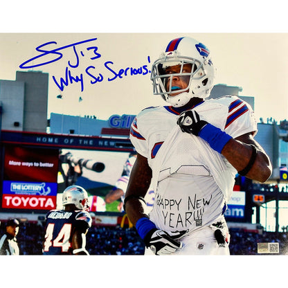 Stevie Johnson Signed Flashing Happy New Shirt Photo with Why So Serious! Signed Photos TSE Buffalo 11x14