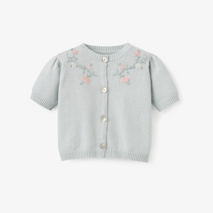 Aqua Short Sleeve Embroidered Baby Cardigan