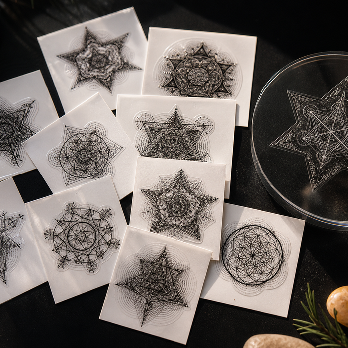 Transparent Sacred Geometry Sticker Pack, 10 Black Vinyl Decals, Mandala Merkaba Laptop Window Stickers lifestyle 1