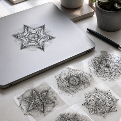 Transparent Sacred Geometry Sticker Pack, 10 Black Vinyl Decals, Mandala Merkaba Laptop Window Stickers lifestyle 2