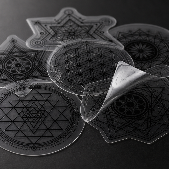 Transparent Sacred Geometry Sticker Pack, 10 Black Vinyl Decals, Mandala Merkaba Laptop Window Stickers lifestyle 3