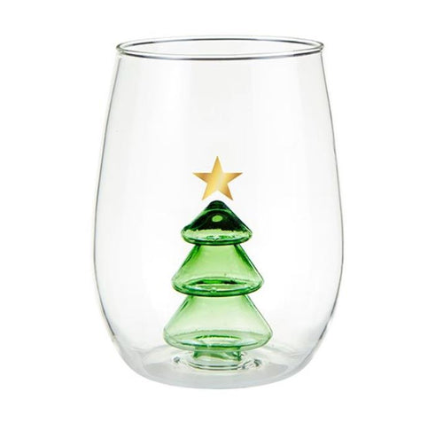 Stemless Wine Glass with Christmas Tree Figurine