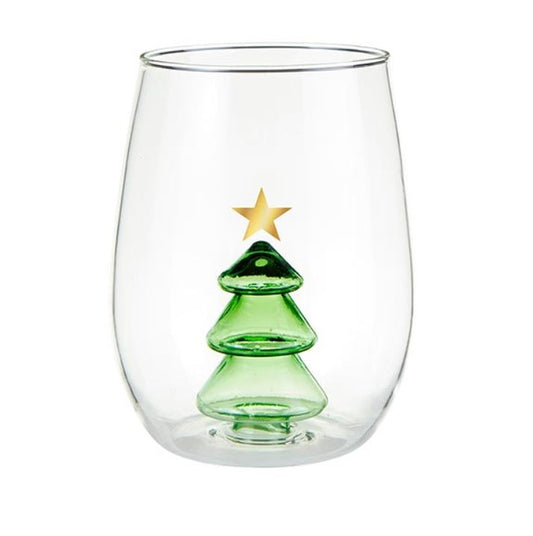 Stemless Wine Glass with Christmas Tree Figurine