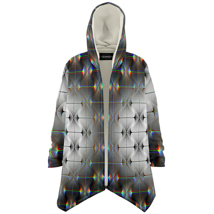 Tripswitch Micro Fleece Cloak, Hooded Wearable Art, Psychedelic Festival Layer — front — hood raised