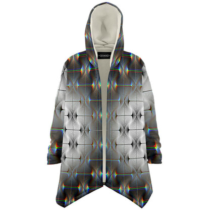 Tripswitch Micro Fleece Cloak, Hooded Wearable Art, Psychedelic Festival Layer — front — hood raised