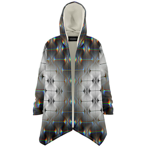 Tripswitch Micro Fleece Cloak, Hooded Wearable Art, Psychedelic Festival Layer — front — hood raised