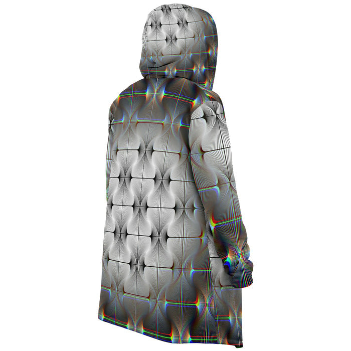 Tripswitch Micro Fleece Cloak, Hooded Wearable Art, Psychedelic Festival Layer — back — hood raised