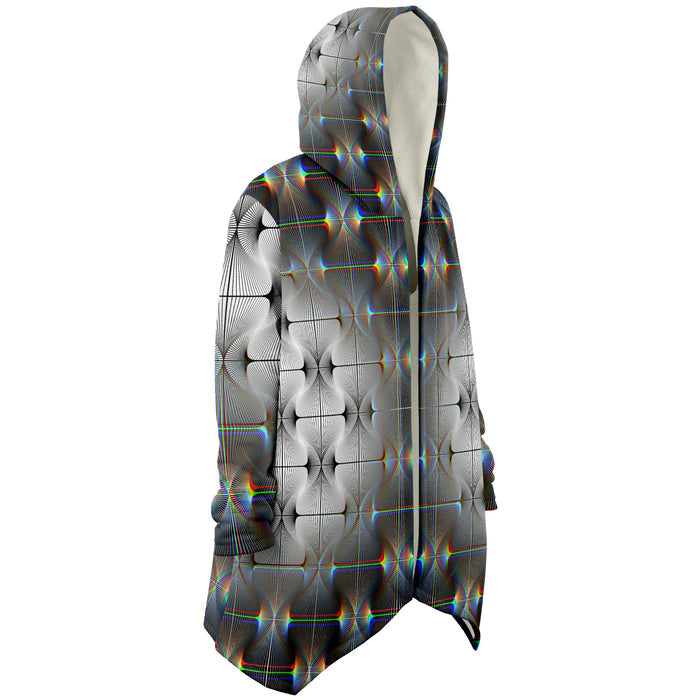 Tripswitch Micro Fleece Cloak, Hooded Wearable Art, Psychedelic Festival Layer — front — hood lowered