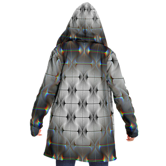 Tripswitch Micro Fleece Cloak, Hooded Wearable Art, Psychedelic Festival Layer — wearer-left three-quarter — hood lowered