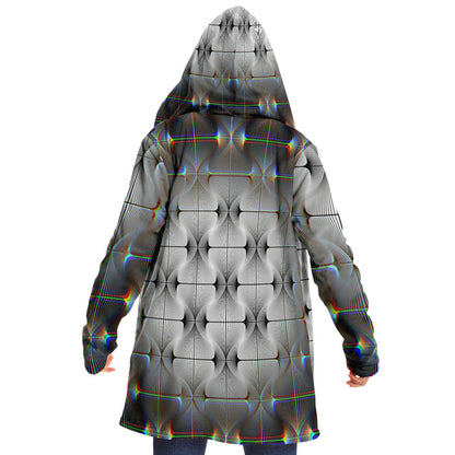 Tripswitch Micro Fleece Cloak, Hooded Wearable Art, Psychedelic Festival Layer — wearer-left three-quarter — hood lowered