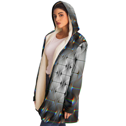 Tripswitch Micro Fleece Cloak, Hooded Wearable Art, Psychedelic Festival Layer — close-up — printed micro-mink outer and pocket