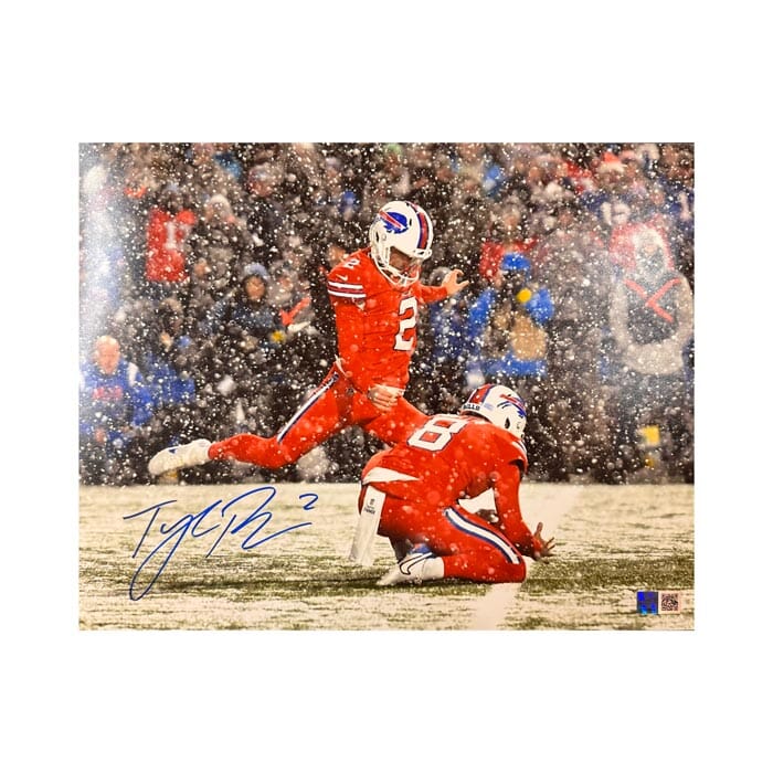 Tyler Bass Signed Kicking in All Red Snow Game Photo Signed Photos TSE Buffalo
