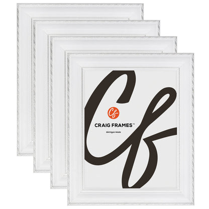 Victoria 1.375", Ornate White and Silver Picture Frame - 4 Piece Set