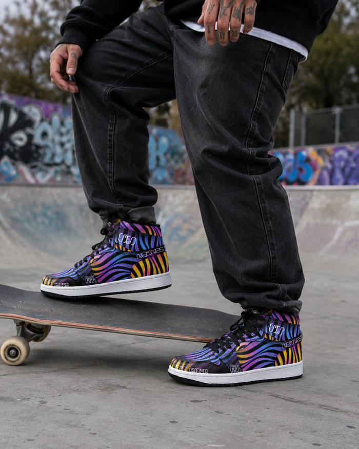 Xenowave Unisex High-Top Sneakers – Psychedelic Festival Shoes, Visionary Streetwear, Colorful Rave Fashion