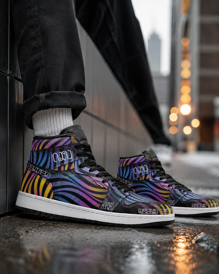 Xenowave Unisex High-Top Sneakers – Psychedelic Festival Shoes, Visionary Streetwear, Colorful Rave Fashion